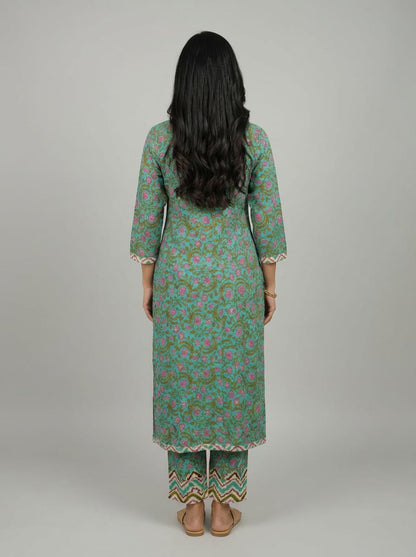 Aarini Block Print Cotton Kurta Set with Gotta Patti Neck Work