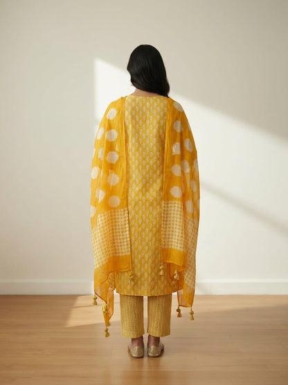 Sunshine Yellow Cotton Printed Suit Set with Tassel Dupatta