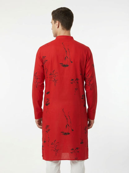 Rudra Red Rayon Cotton Printed Kurta for Men
