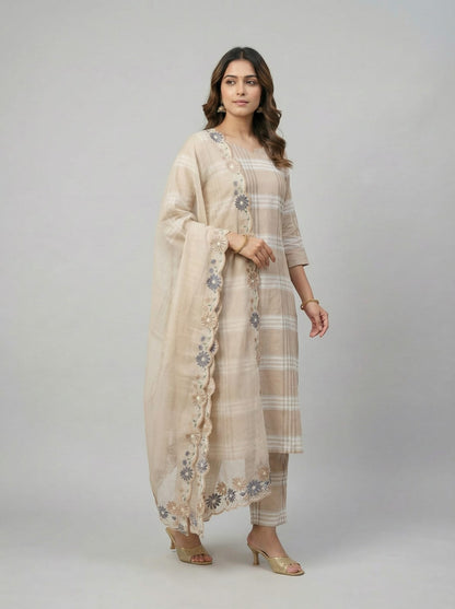Aabha – Cotton Check Embroidered Suit Set with Kota Doria Dupatta