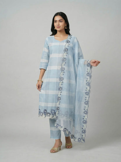Aabha – Cotton Check Embroidered Suit Set with Kota Doria Dupatta