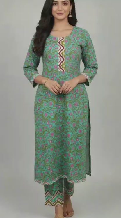 Aarini Block Print Cotton Kurta Set with Gotta Patti Neck Work